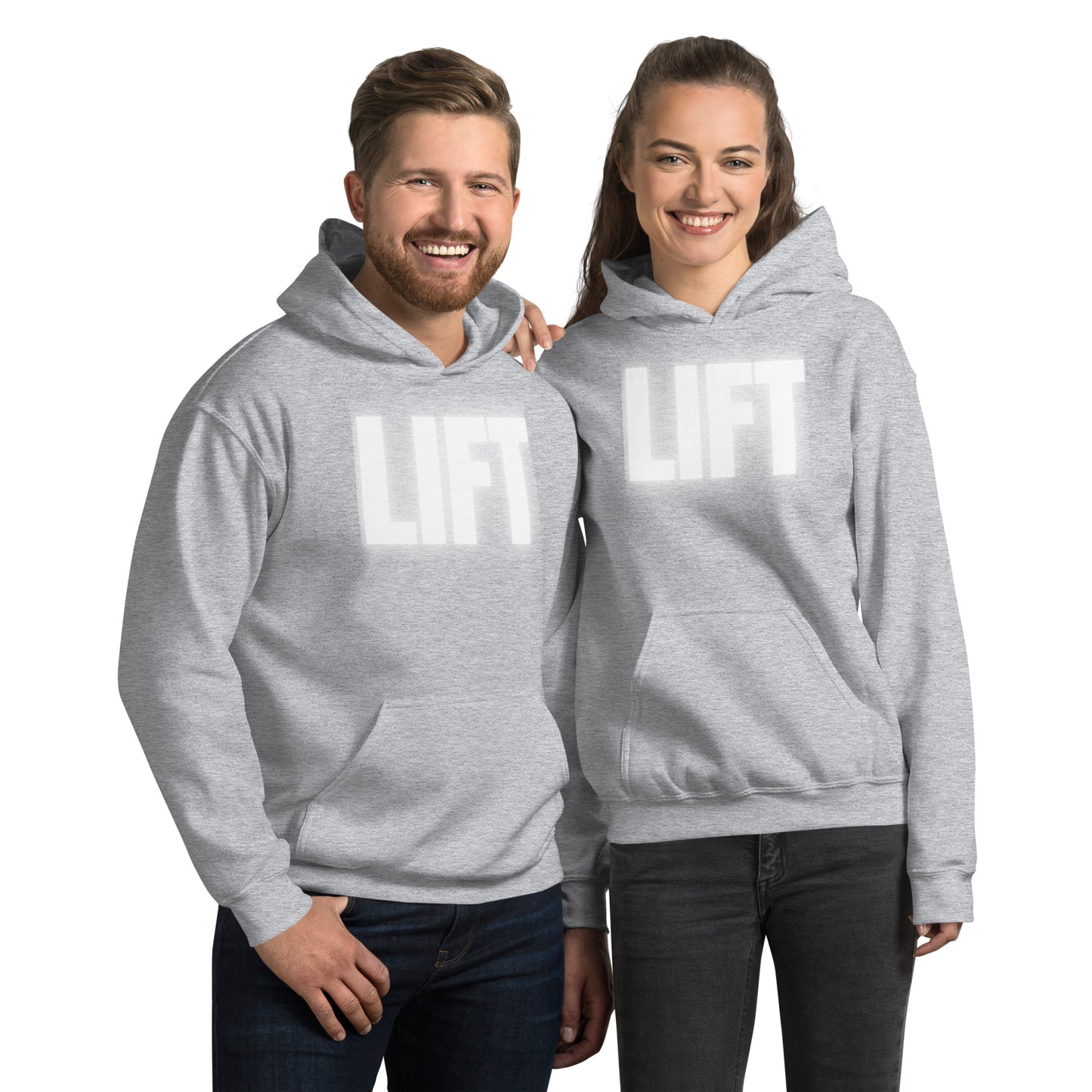 "Lift" Unisex Hoodie White Text Glow by Dumbbells and Hotels