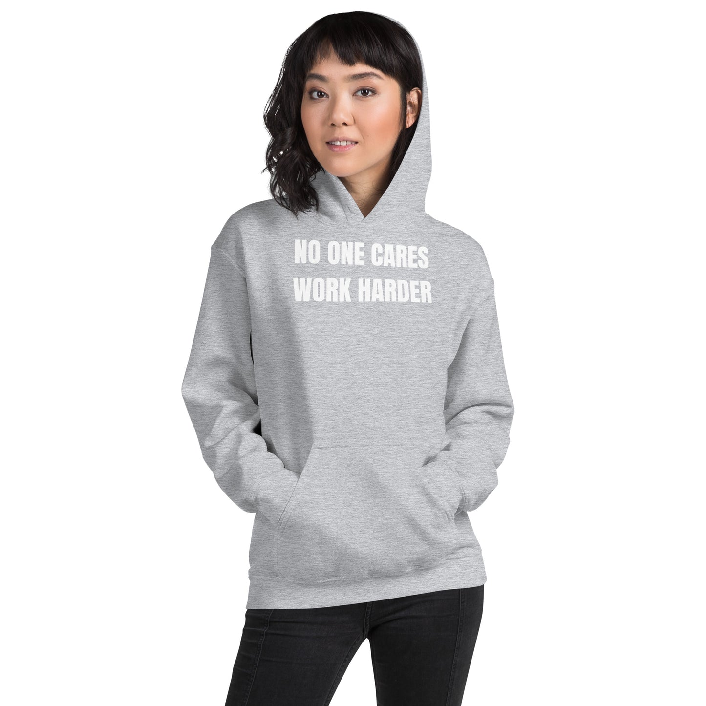 "No One Cares. Work Harder" Unisex Hoodie White Text Impact by Dumbbells and Hotels