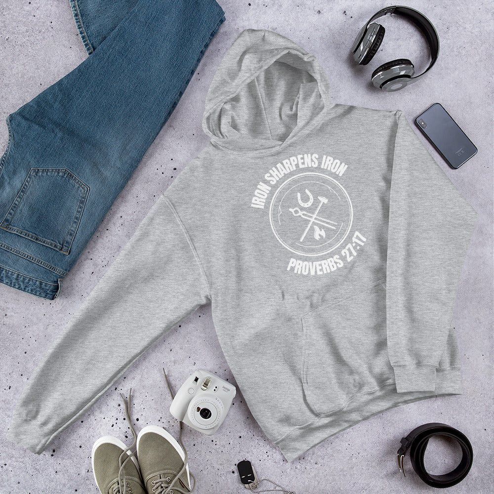 "Iron Sharpens Iron. Proverbs 27:17" Unisex Hoodie White Text Circle Logo by Dumbbells and Hotels