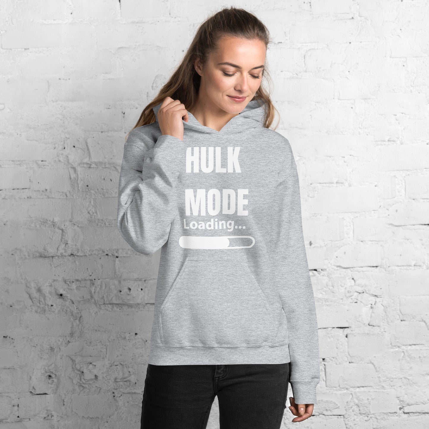 "Hulk Mode" Unisex Hoodie White Text White Loading by Dumbbells and Hotels