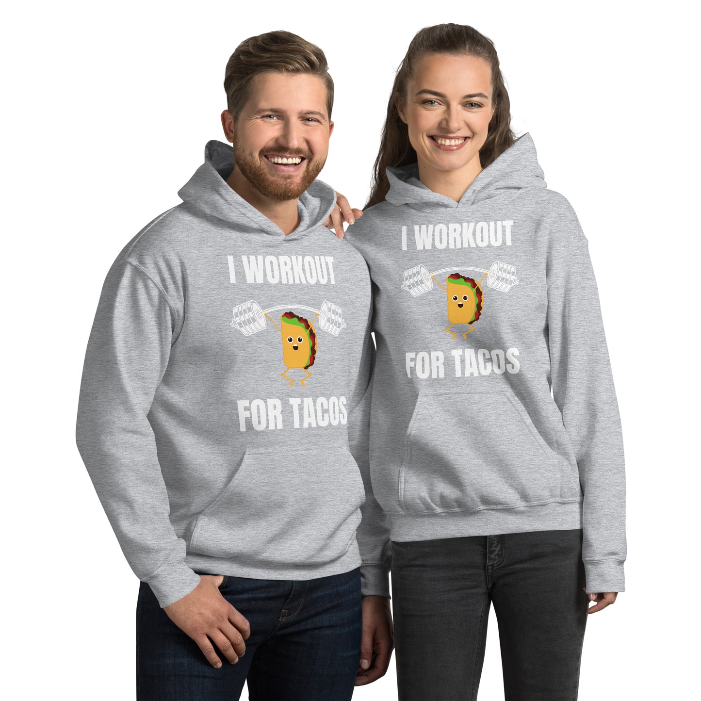 "I Workout for Tacos" Unisex Hoodie White Text Lifting Taco by Dumbbells and Hotels