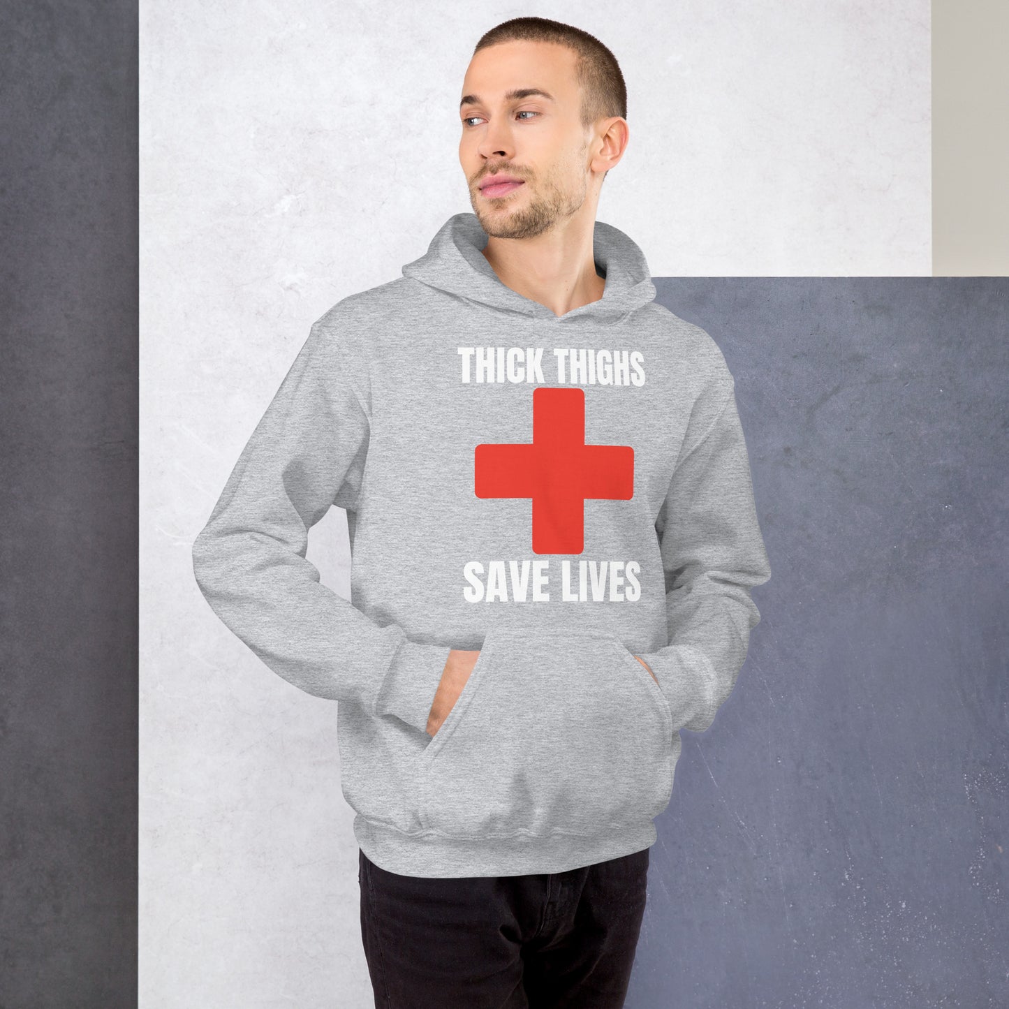 "Thick Thighs Save Lives" Unisex Hoodie White Text Red Cross by Dumbbells and Hotels