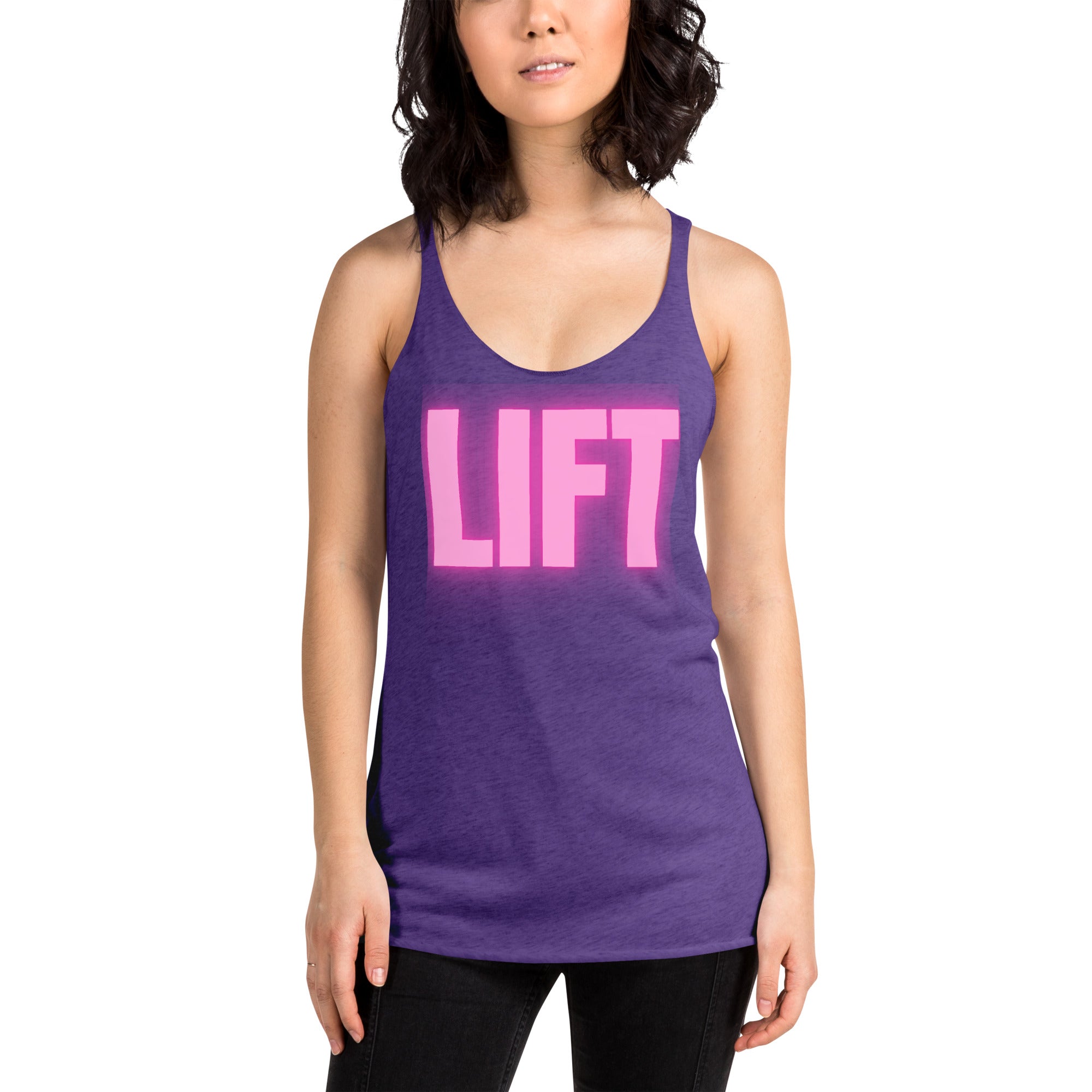 "Lift" Women's Racerback Tank Pink Text Glow by Dumbbells and Hotels