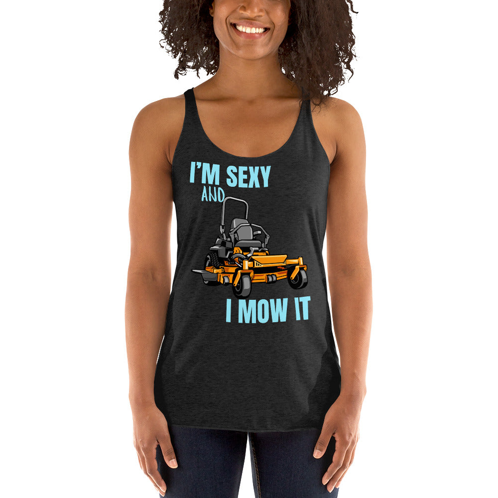 "I'm Sexy and I Mow it" Women's Racerback Tank Turquoise Text Cartoon Mower by Dumbbells and Hotels