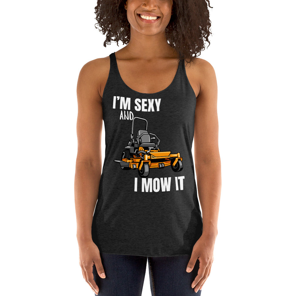 "I'm Sexy and I Mow it" Women's Racerback Tank White Text Cartoon Mower by Dumbbells and Hotels