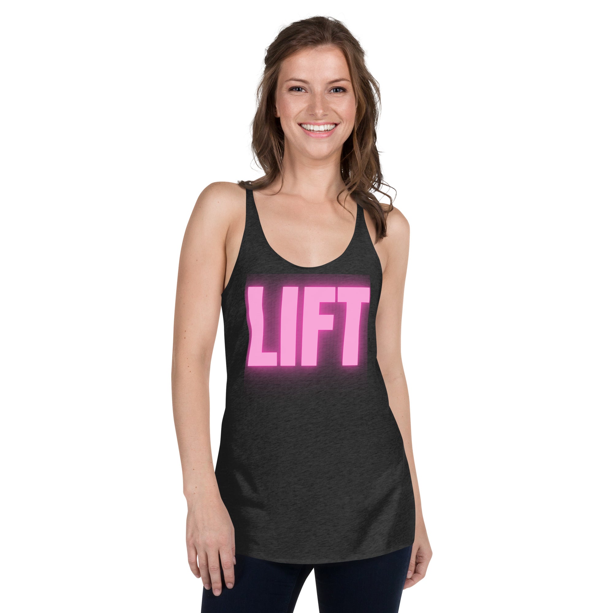 "Lift" Women's Racerback Tank Pink Text Glow by Dumbbells and Hotels