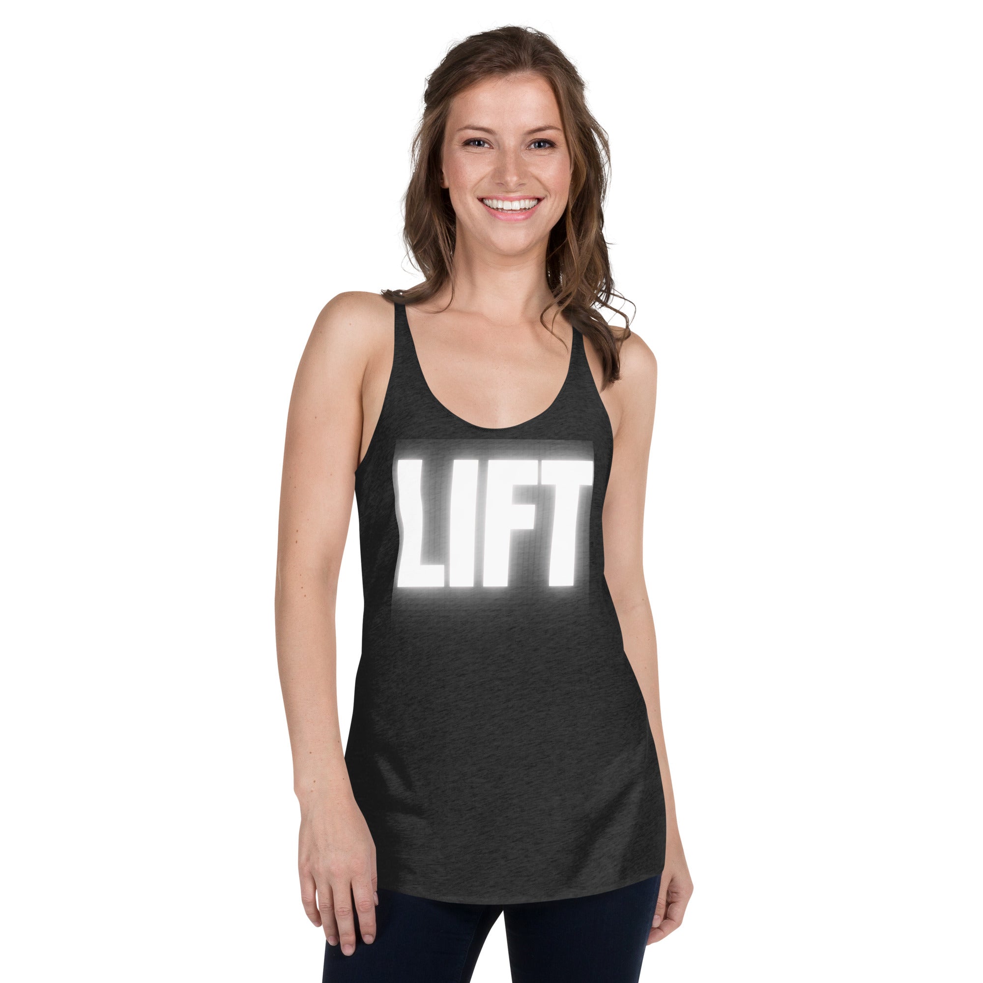 "Lift" Women's Racerback Tank White Text Glow by Dumbbells and Hotels