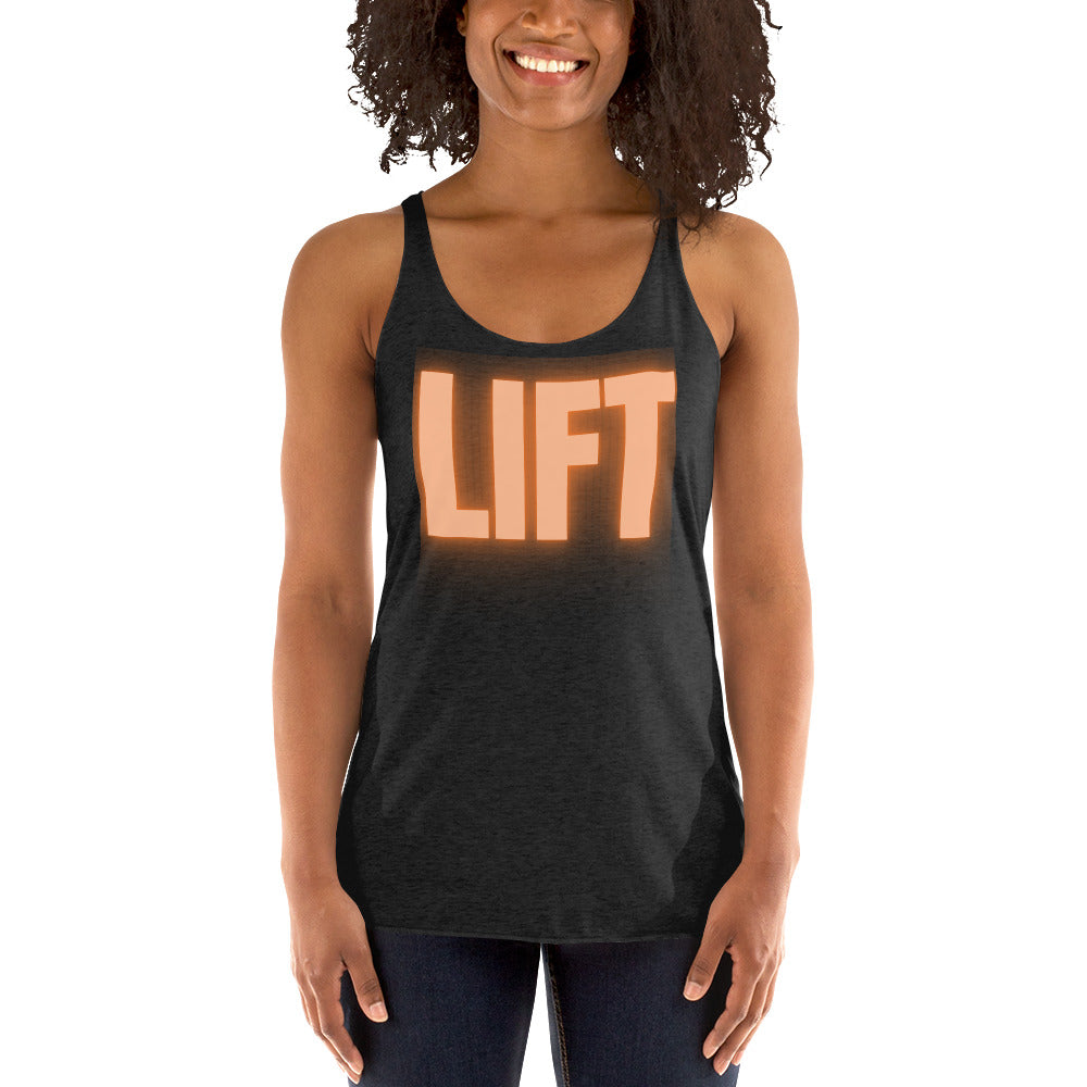 "Lift" Women's Racerback Tank Orange Text Glow by Dumbbells and Hotels