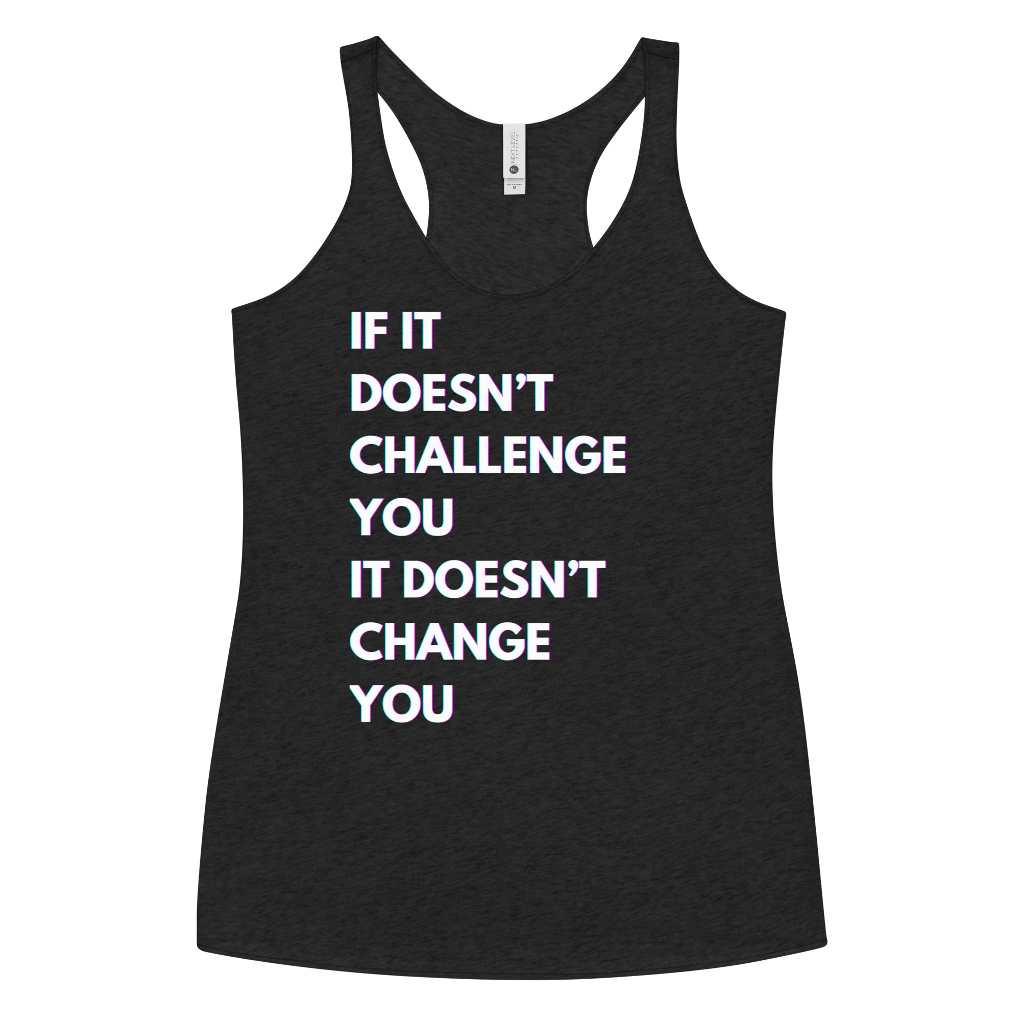 "If it Doesn't Challenge You, It Doesn't Change You" Women's Racerback Tank Purple Text Glitch by Dumbbells and Hotels