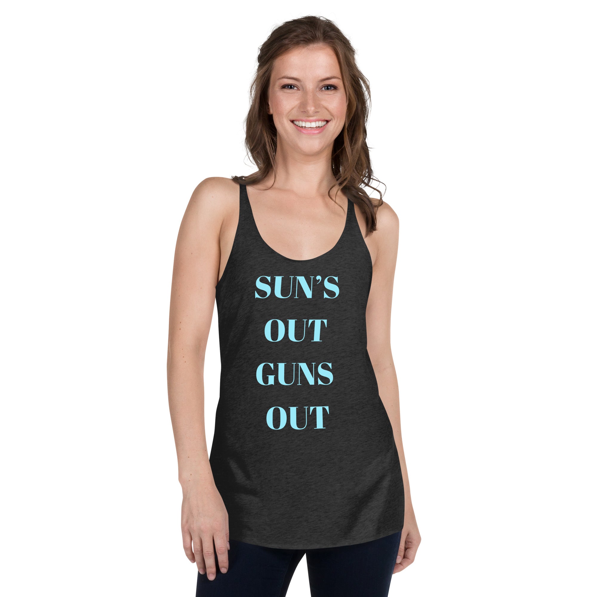 "Sun's Out, Guns Out" Women's Racerback Tank Turquoise Text Glitch by Dumbbells and Hotels