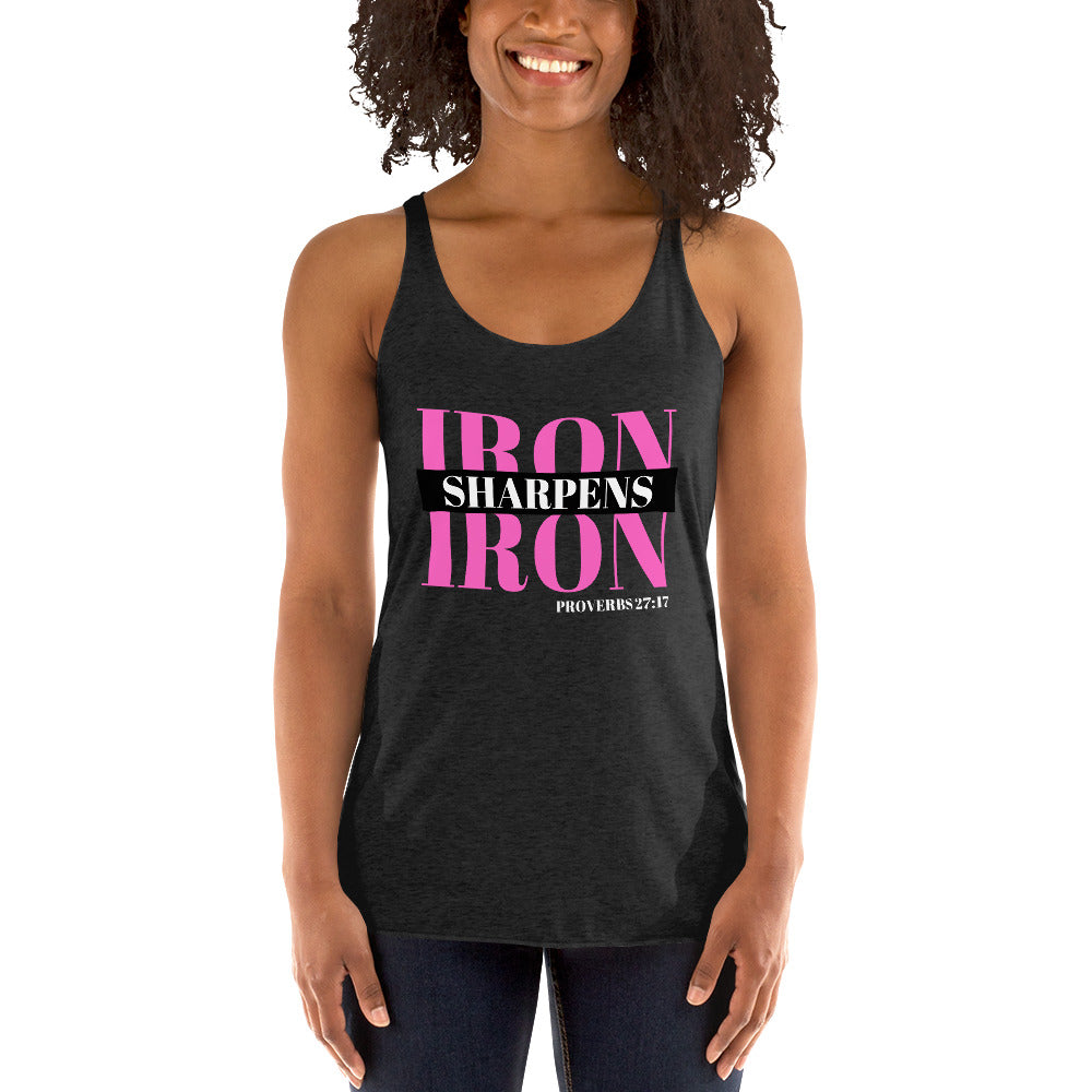 "Iron Sharpens Iron. Proverbs 27:17" Women's Racerback Tank Pink Text Stack by Dumbbells and Hotels