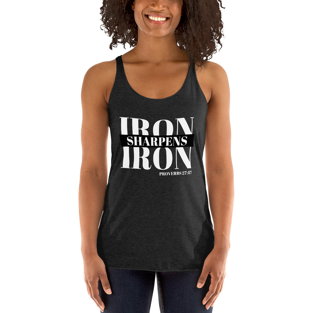 "Iron Sharpens Iron. Proverbs 27:17" Women's Racerback Tank White Text Stack by Dumbbells and Hotels