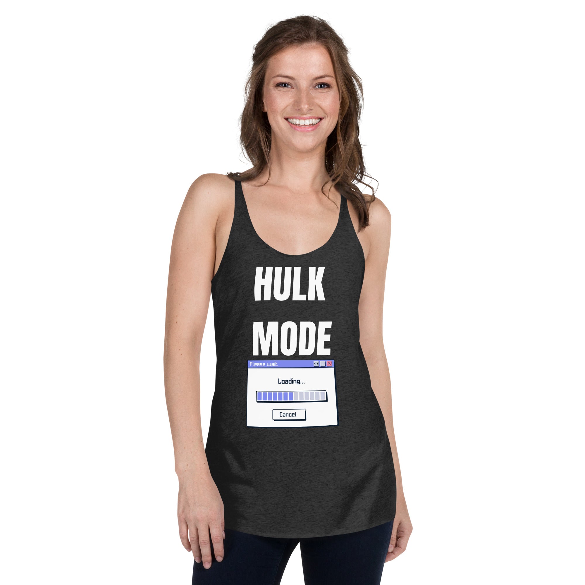 "Hulk Mode" Women's Racerback Tank White Text PC Loading by Dumbbells and Hotels