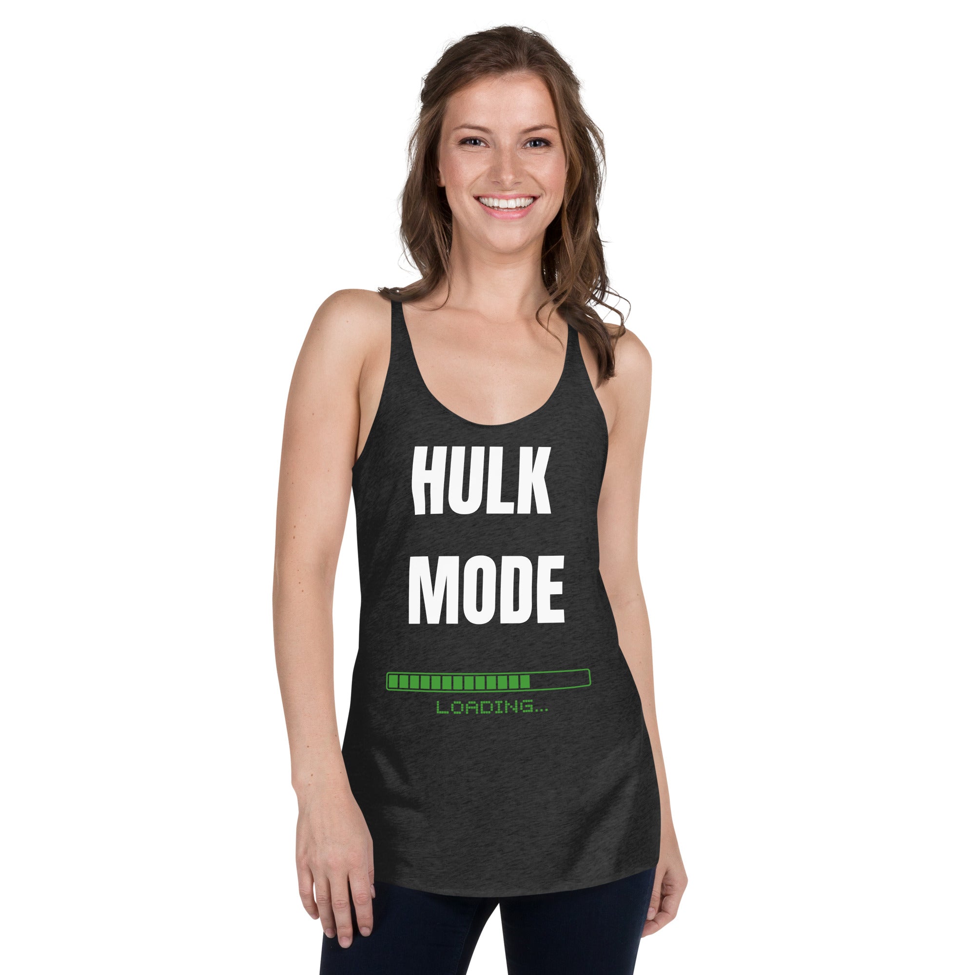 "Hulk Mode" Women's Racerback Tank White Text Green Loading by Dumbbells and Hotels