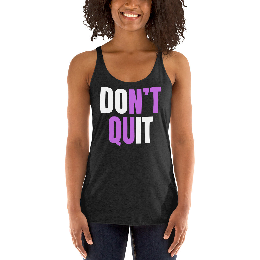 "Don't Quit" Women's Racerback Tank White & Purple Text by Dumbbells and Hotels