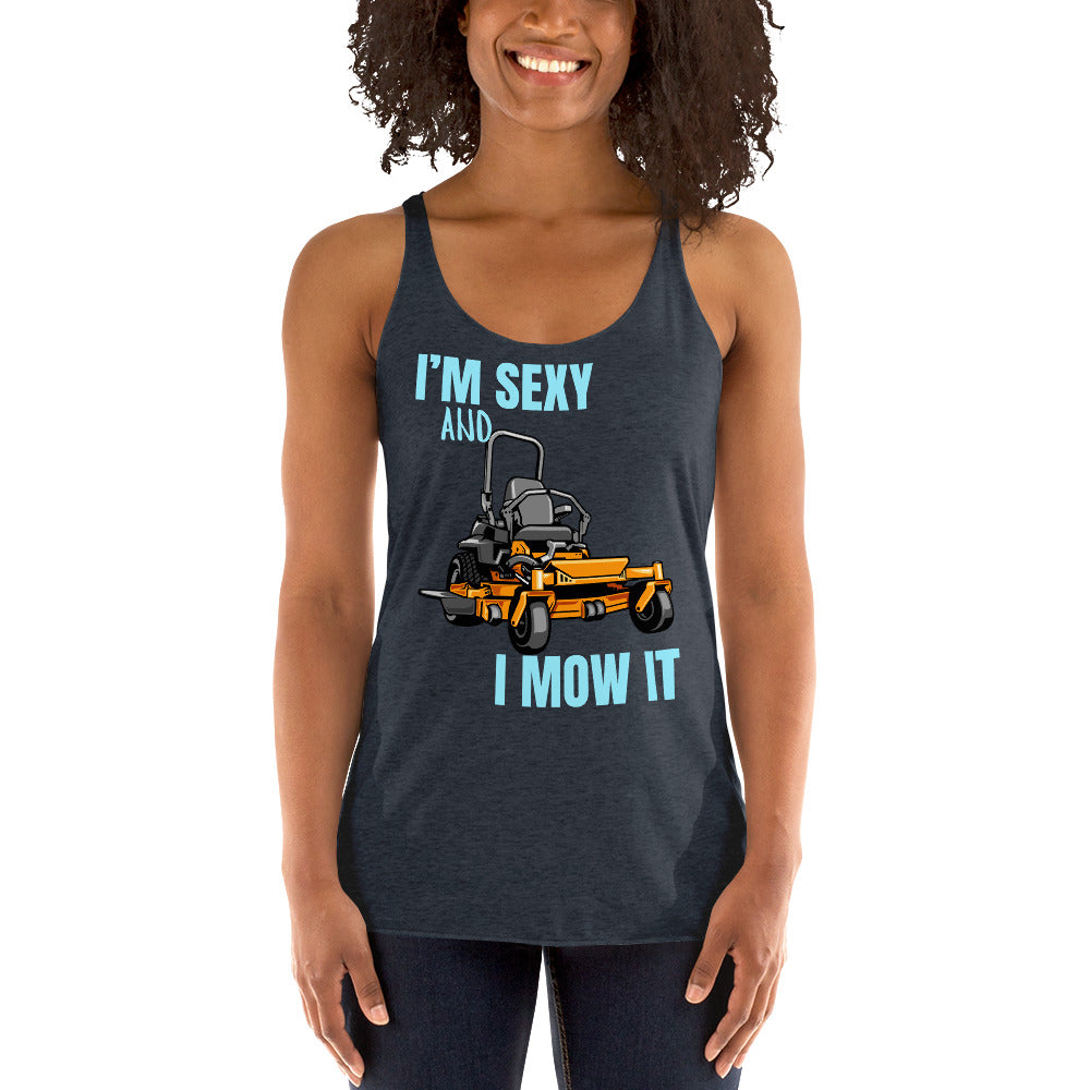 "I'm Sexy and I Mow it" Women's Racerback Tank Turquoise Text Cartoon Mower by Dumbbells and Hotels