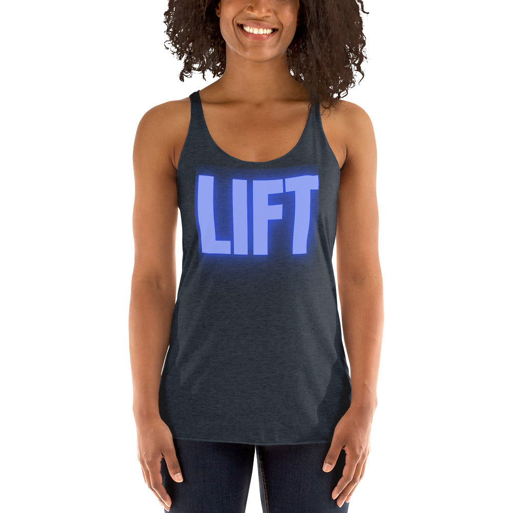 "Lift" Women's Racerback Tank Blue Text Glow by Dumbbells and Hotels