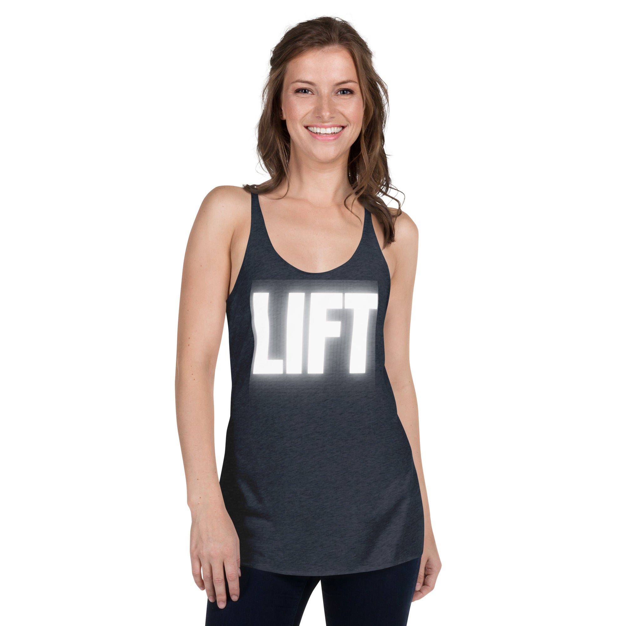 "Lift" Women's Racerback Tank White Text Glow by Dumbbells and Hotels