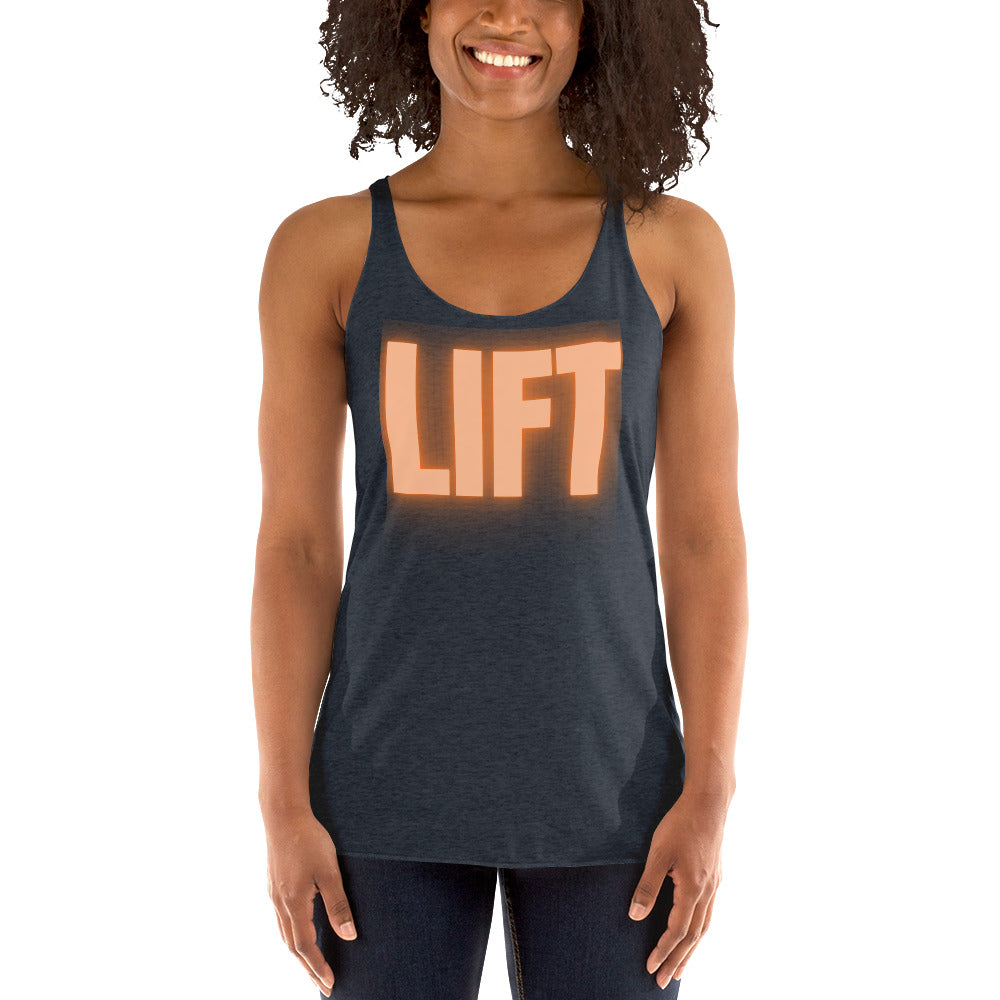 "Lift" Women's Racerback Tank Orange Text Glow by Dumbbells and Hotels