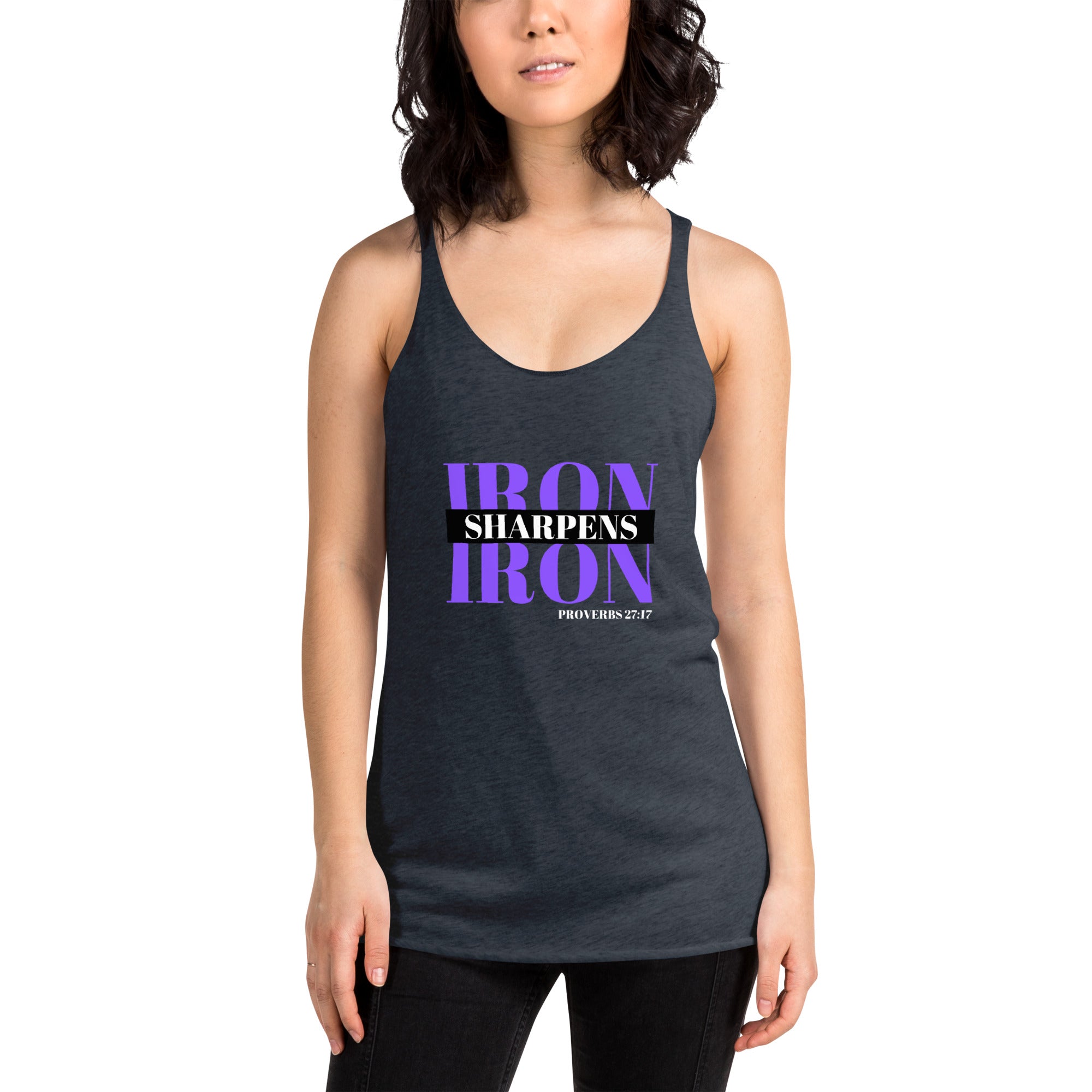 "Iron Sharpens Iron. Proverbs 27:17" Women's Racerback Tank Purple Text Stack by Dumbbells and Hotels