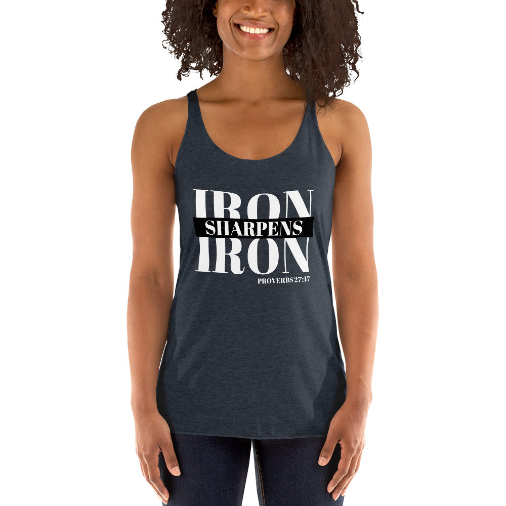 "Iron Sharpens Iron. Proverbs 27:17" Women's Racerback Tank White Text Stack by Dumbbells and Hotels