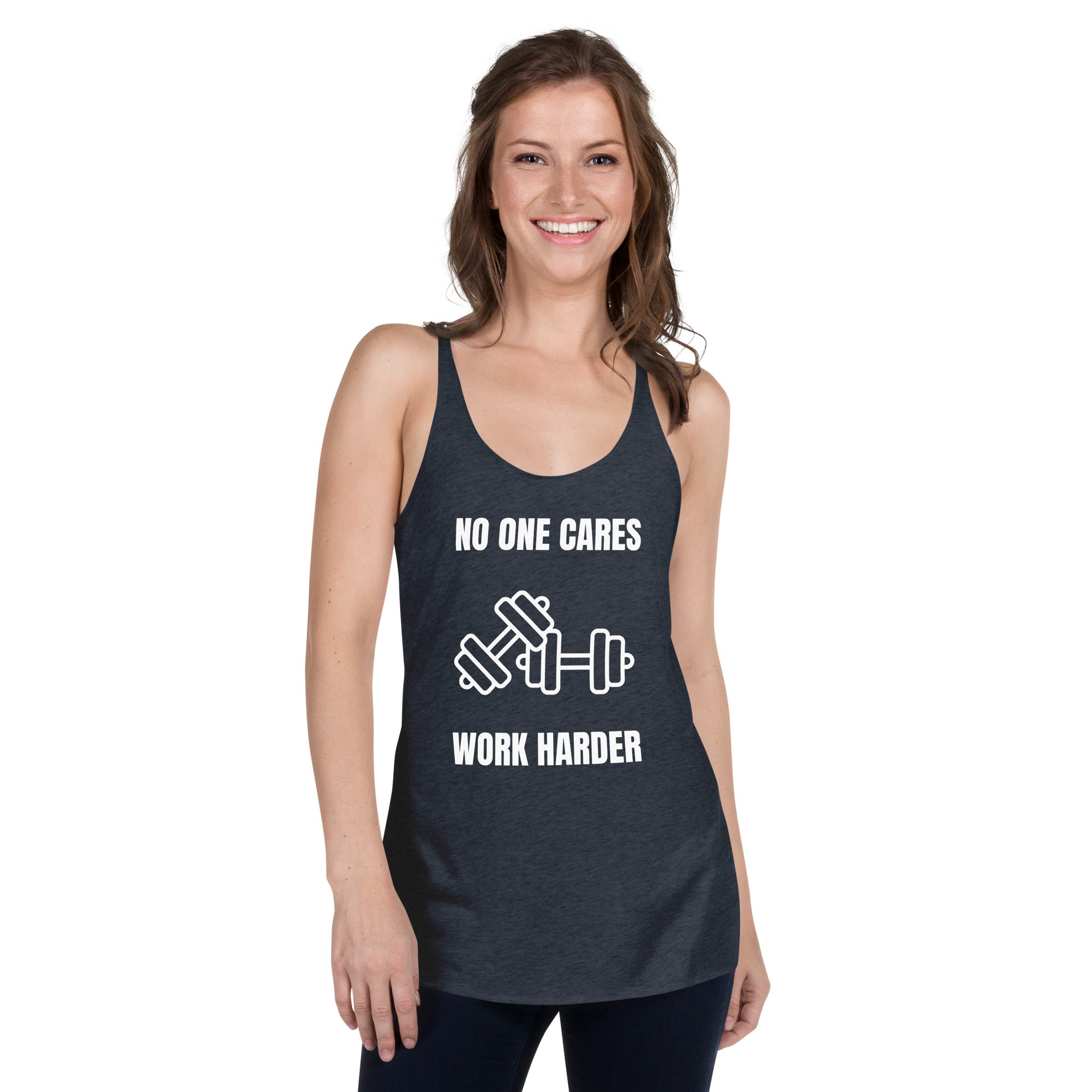 "No One Cares. Work Harder" Women's Racerback Tank White Text Double Dumbbells by Dumbbells and Hotels