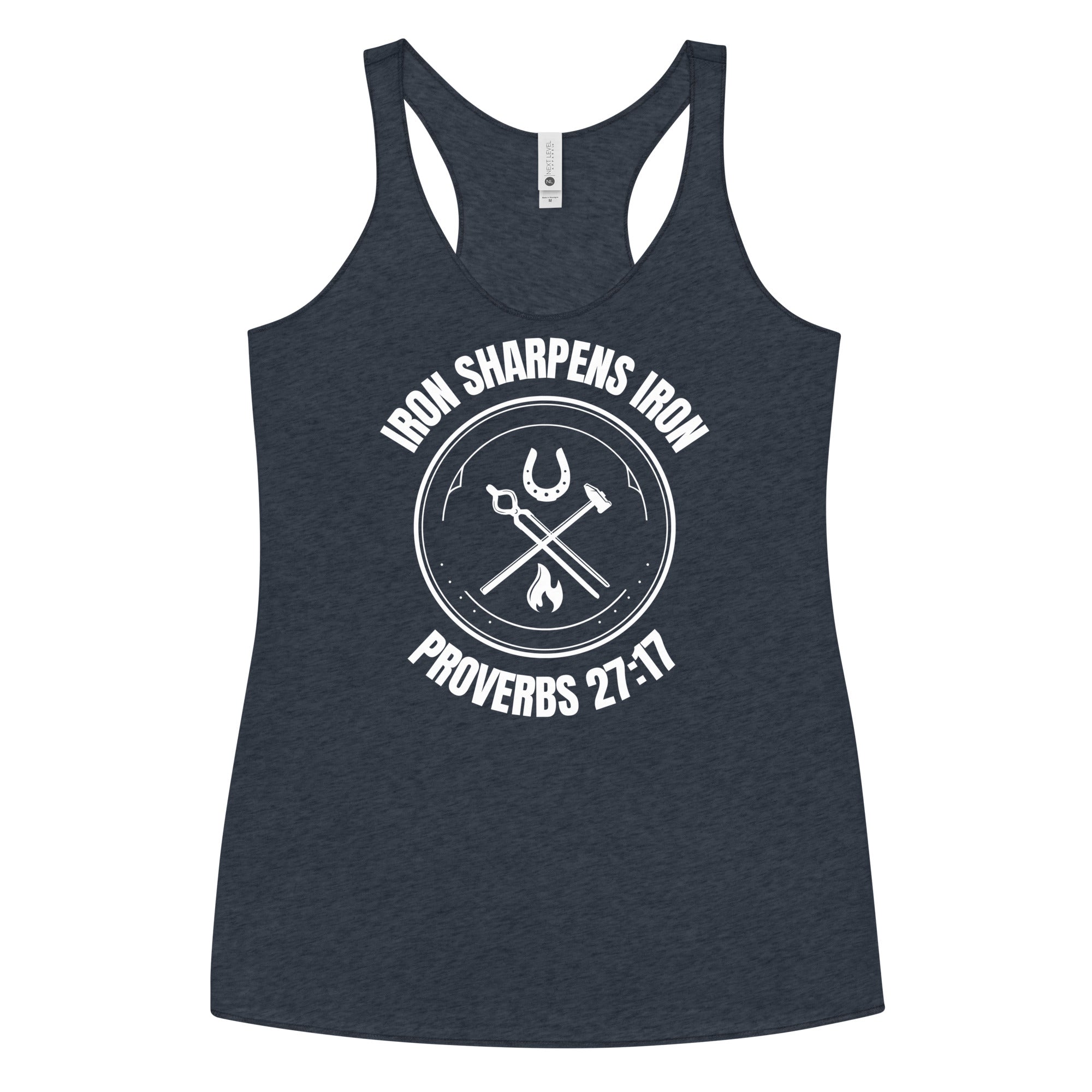 "Iron Sharpens Iron. Proverbs 27:17" Women's Racerback Tank White Text Circle Logo by Dumbbells and Hotels