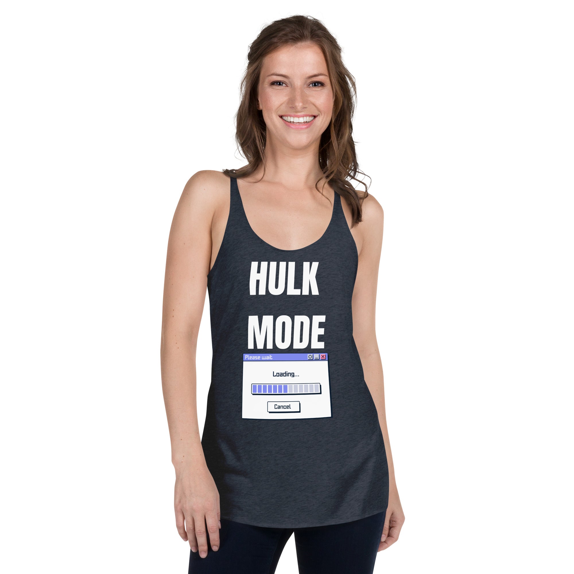 "Hulk Mode" Women's Racerback Tank White Text PC Loading by Dumbbells and Hotels