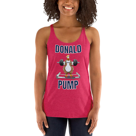 "Donald Pump" Women's Racerback Tank Blue Text Lifting Duck by Dumbbells and Hotels