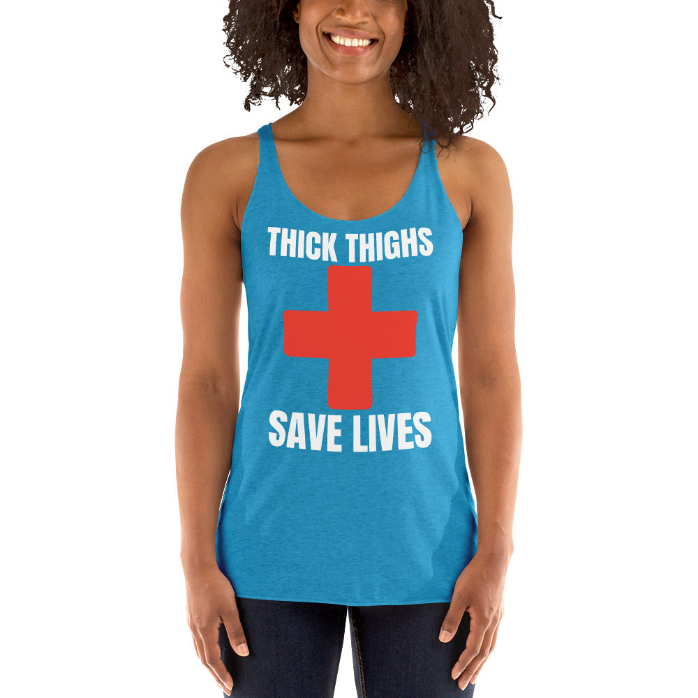 "Thick Thighs Save Lives" Women's Racerback Tank White Text Red Cross by Dumbbells and Hotels